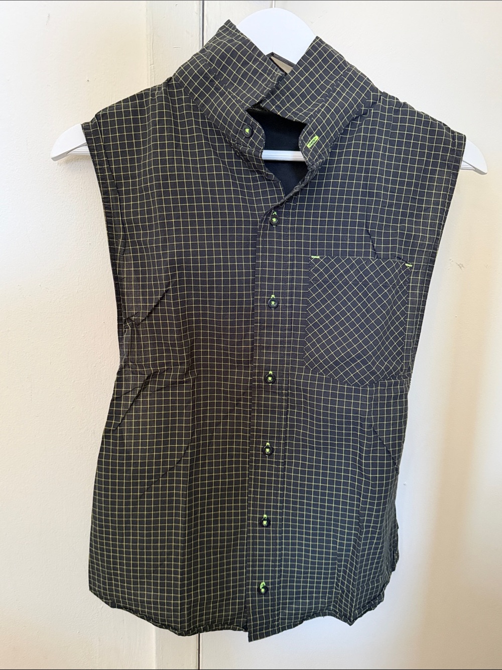 Andrew Christian Black Sleeveless Button-Down Shirt with Yellow Grid